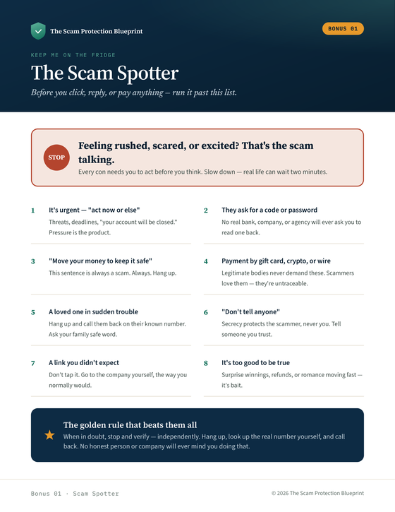 The Scam Spotter cheat sheet — printable preview